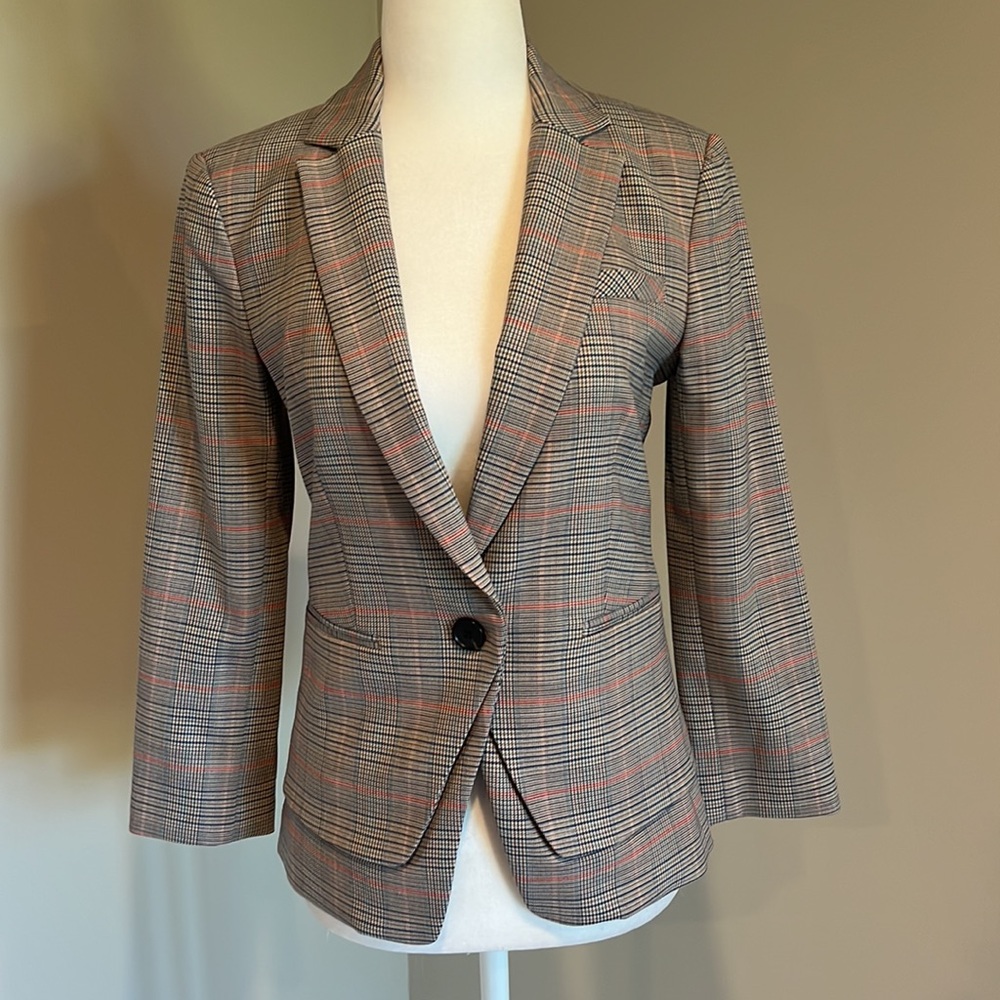 Veronica Beard Plaid Blazer in Gray with Pink Windowpane
